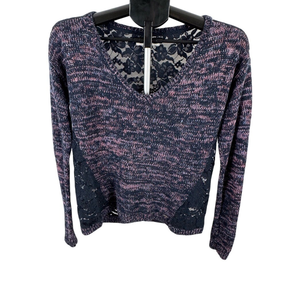 Abercrombie & Fitch Lace Back‎ Sweater Medium Marled Pink Navy V Neck